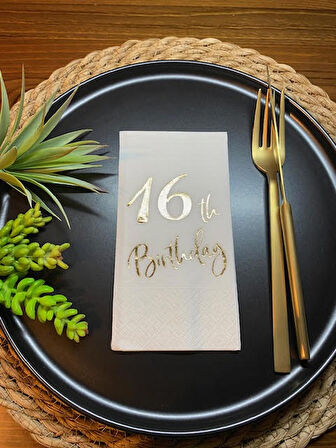 Gold Yaldızlı Beyaz On Altı Yaş Bırthday Garson Katlama Peçete 16 lı