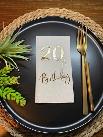 Gold Yaldızlı Beyaz Yirmi Yaş Bırthday Garson Katlama Peçete 16 lı