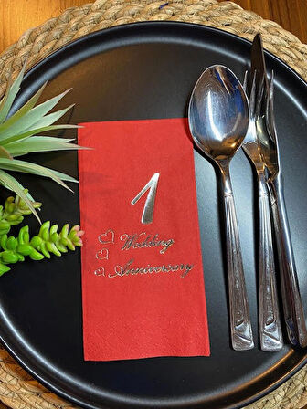 Gümüş Yaldızlı Kırmızı Birinci Evlilik Yıldönümü Garson Katlama Peçete 16 lı