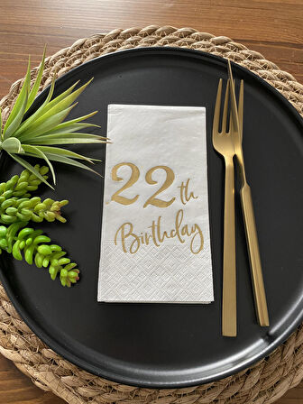 Gold Yaldızlı Beyaz Yirmi İki Bırthday Garson Katlama Peçete 16 lı