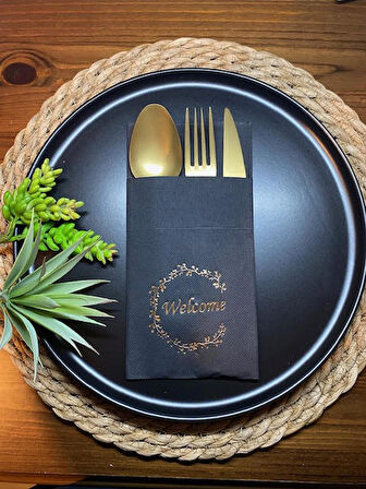 Gold Yaldızlı Siyah Welcome Cepli Peçete 12 lı 40x40