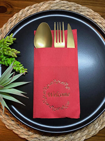 Gold Yaldızlı Kırmızı Welcome Cepli Peçete 12 lı 40x40