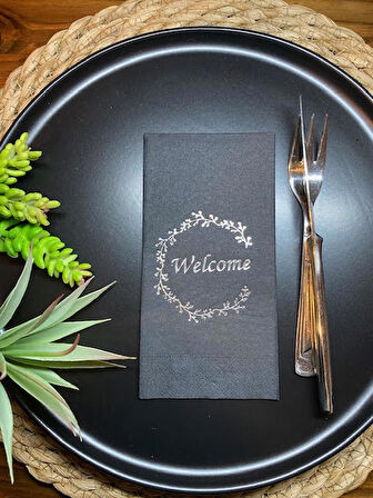 Gümüş Yaldızlı Siyah Welcome Garson Katlama Peçete 16 lı