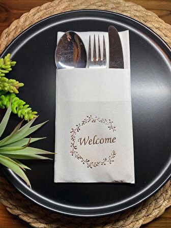 Gümüş Yaldızlı Beyaz Welcome Cepli Peçete 12 lı 40x40