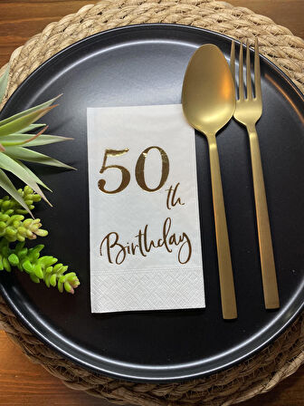 Gold Yaldızlı Beyaz Elli Yaş Bırthday Garson Katlama Peçete 16 lı