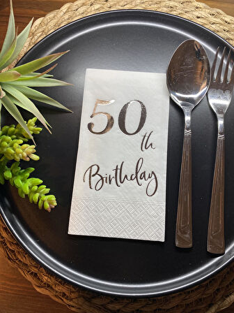 Gümüş Yaldızlı Beyaz Elli Yaş Bırthday Garson Katlama Peçete 16 lı