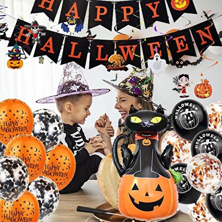 Halloween Kedili Balkabağı Folyo Balon 97x66 cm
