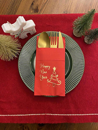 Gold Yaldızlı Kırmızı Happy New Year Çam Ağacı Cepli Peçete 12 lı 40x40