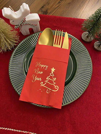 Gold Yaldızlı Kırmızı Happy New Year Çam Ağacı Cepli Peçete 12 lı 40x40