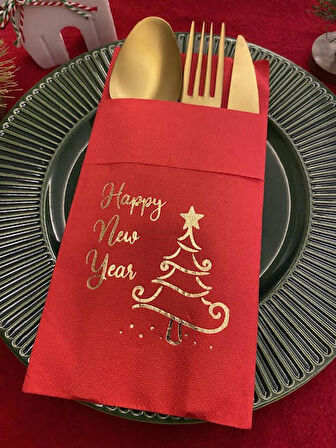 Gold Yaldızlı Kırmızı Happy New Year Çam Ağacı Cepli Peçete 12 lı 40x40