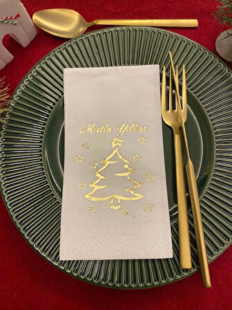 Gold Yaldızlı Beyaz Mutlu Yıllar Çam Ağacı Peçete 16 lı