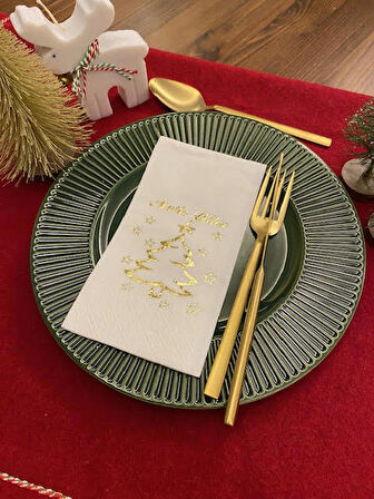 Gold Yaldızlı Beyaz Mutlu Yıllar Çam Ağacı Peçete 16 lı