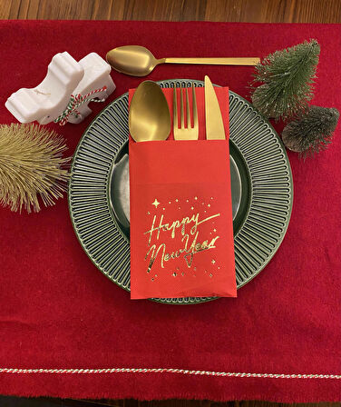 Gold Yaldızlı Kırmızı Happy New Year Cepli Peçete 12 lı 40x40