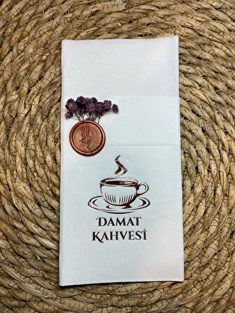 Rose Gold Yaldızlı Beyaz Mühürlü Çiçekli Damat Kahvesi Cepli Peçete