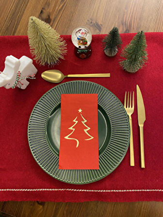 Gold Yaldızlı Yılbaşı Çam Ağacı Desenli 16 lı Kırmızı Renkli Kağıt Peçete