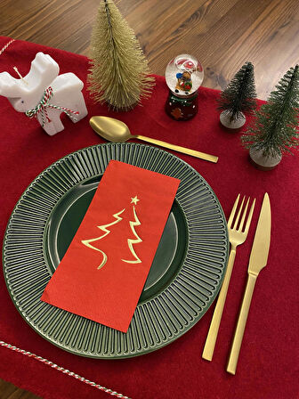 Gold Yaldızlı Yılbaşı Çam Ağacı Desenli 16 lı Kırmızı Renkli Kağıt Peçete