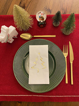 Gold Yaldızlı Yılbaşı Çam Ağacı Desenli 16 lı Beyaz Renkli Kağıt Peçete