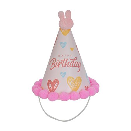 Happy Bırthday Parti Şapka Pembe Ponponlu 18 cm