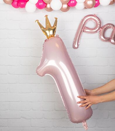 Taçlı 1 Rakam Pembe Folyo Balon 90 cm
