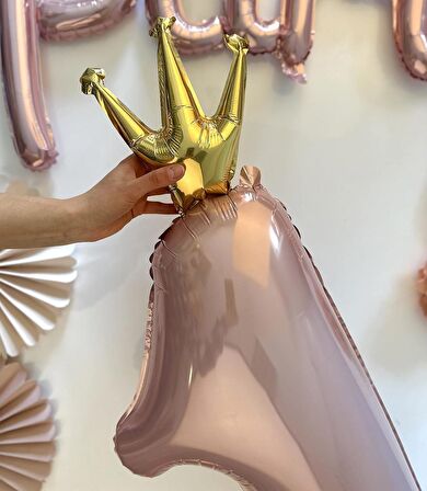 Taçlı 1 Rakam Pembe Folyo Balon 90 cm