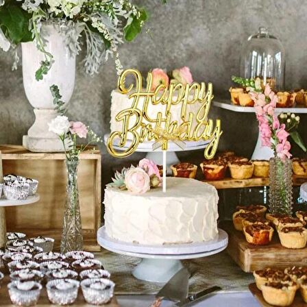 Pasta Üstü Happy Bırthday Krom Gold