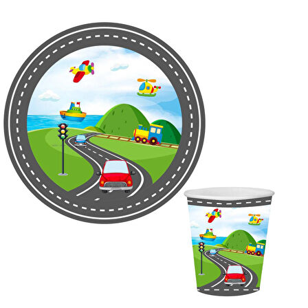 Taşıtlar Karton Tabak Bardak 8 li