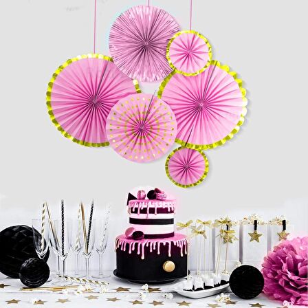 Kağıt Yelpaze Süs Varaklı Pembe Set 6 lı