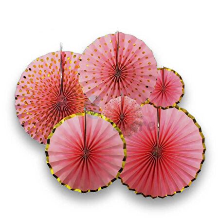 Kağıt Yelpaze Süs Varaklı Pembe Set 6 lı