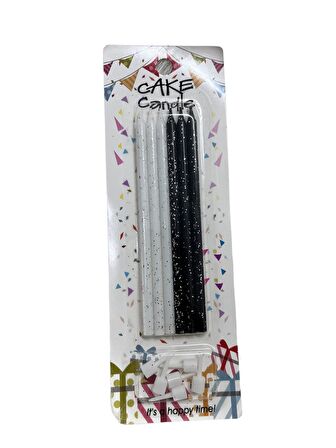 Siyah Beyaz Parıltılı Siyah İnce Mum 14 cm  6 lı