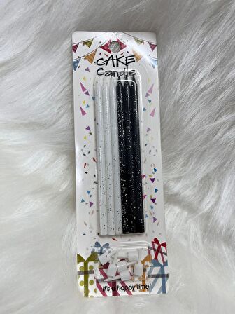 Siyah Beyaz Parıltılı Siyah İnce Mum 14 cm  6 lı