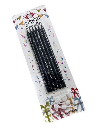 Siyah Parıltılı Siyah İnce Mum 14 cm 6 lı