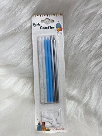 3 Renk Mavi İnce Mum 14 cm 6 lı