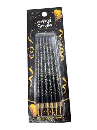 Siyah Üzeri Yıldız Baskılı İnce Mum 14 cm 6 lı