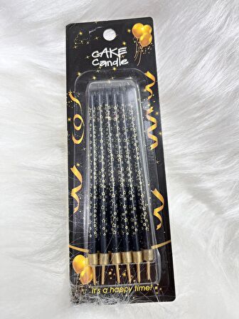 Siyah Üzeri Yıldız Baskılı İnce Mum 14 cm 6 lı