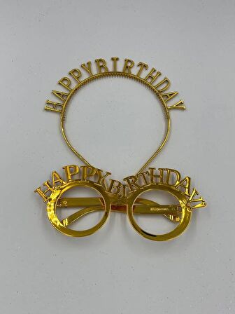 Plastik Happy Bırthday Taç Gözlük Gold 2 li Set