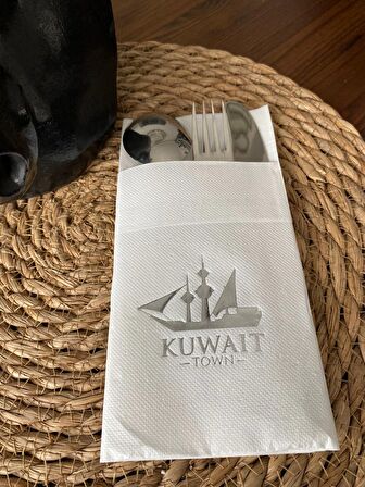 Gümüş Yaldızlı Beyaz Kuwait Town Cepli Peçete 12 Adet