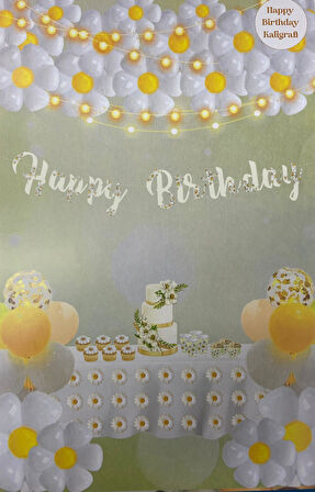 Papatya Temalı Happy Bırthday Kaligrafi Banner  110x20 cm
