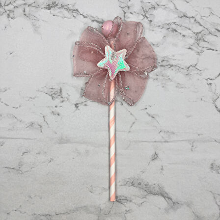 Pasta Üstü Çubuklu Tüllü Yıldız Süs Pembe 23 cm