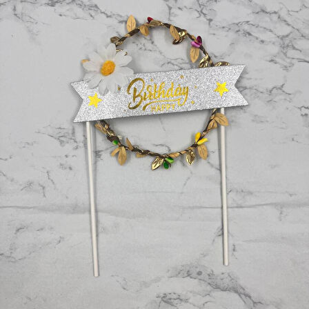 Lüks Pasta Üstü Çubuklu Happy Bırthday Yapraklı Işıklı 21 cm