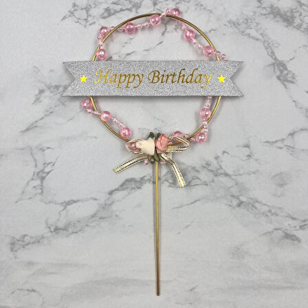 Pasta Üstü Metal Çubuklu Pembe Boncuklu 21 cm