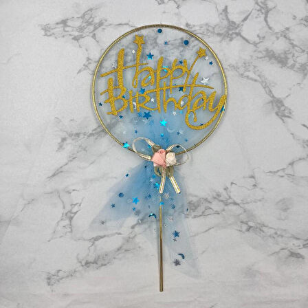 Pasta Üstü Happy Bırthday Metal Çubuklu Mavi Tüllü Süs 21 cm