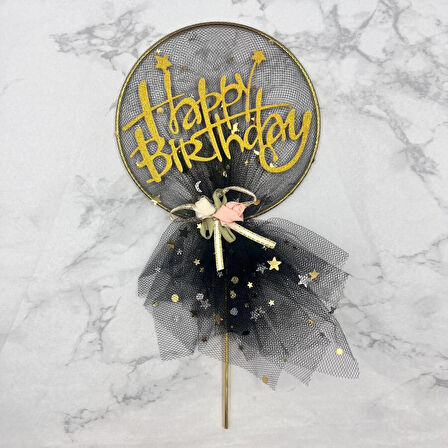 Pasta Üstü Happy Bırthday Metal Çubuklu Siyah Tüllü Süs 21 cm