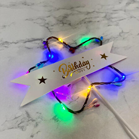 Lüks Pasta Üstü Çubuklu Happy Bırthday Yıldız Desenli Cipsolu Işıklı 21 cm