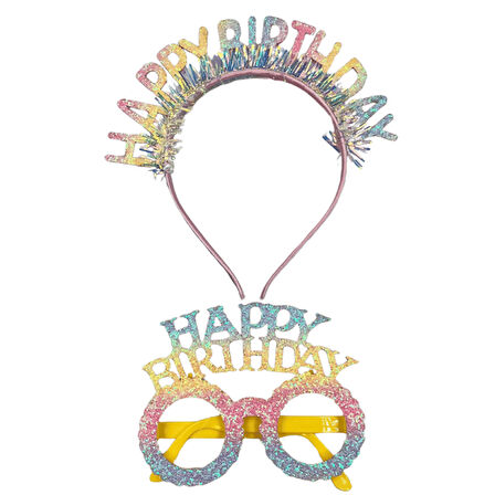 Plastik Happy Bırthday Simli Taç Gözlük Renkli 2 li Set