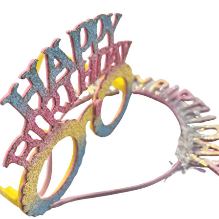 Plastik Happy Bırthday Simli Taç Gözlük Renkli 2 li Set