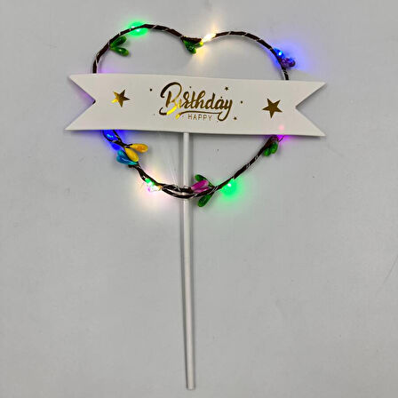 Lüks Pasta Üstü Çubuklu Happy Bırthday Kalp Desenli Cipsolu Işıklı 21 cm