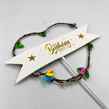 Lüks Pasta Üstü Çubuklu Happy Bırthday Kalp Desenli Cipsolu Işıklı 21 cm