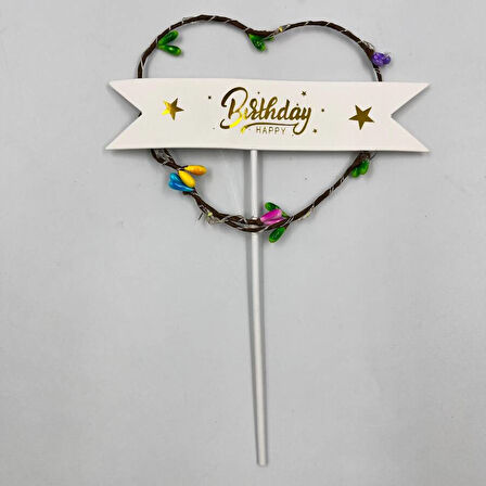Lüks Pasta Üstü Çubuklu Happy Bırthday Kalp Desenli Cipsolu Işıklı 21 cm