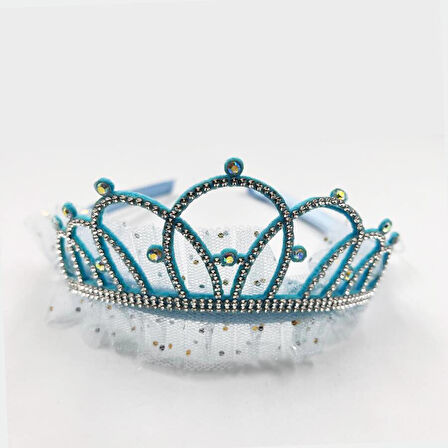 Prenses Tüllü Taşlı Taç Mavi