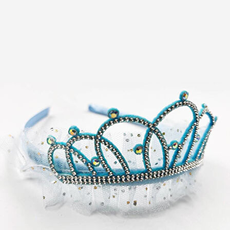 Prenses Tüllü Taşlı Taç Mavi